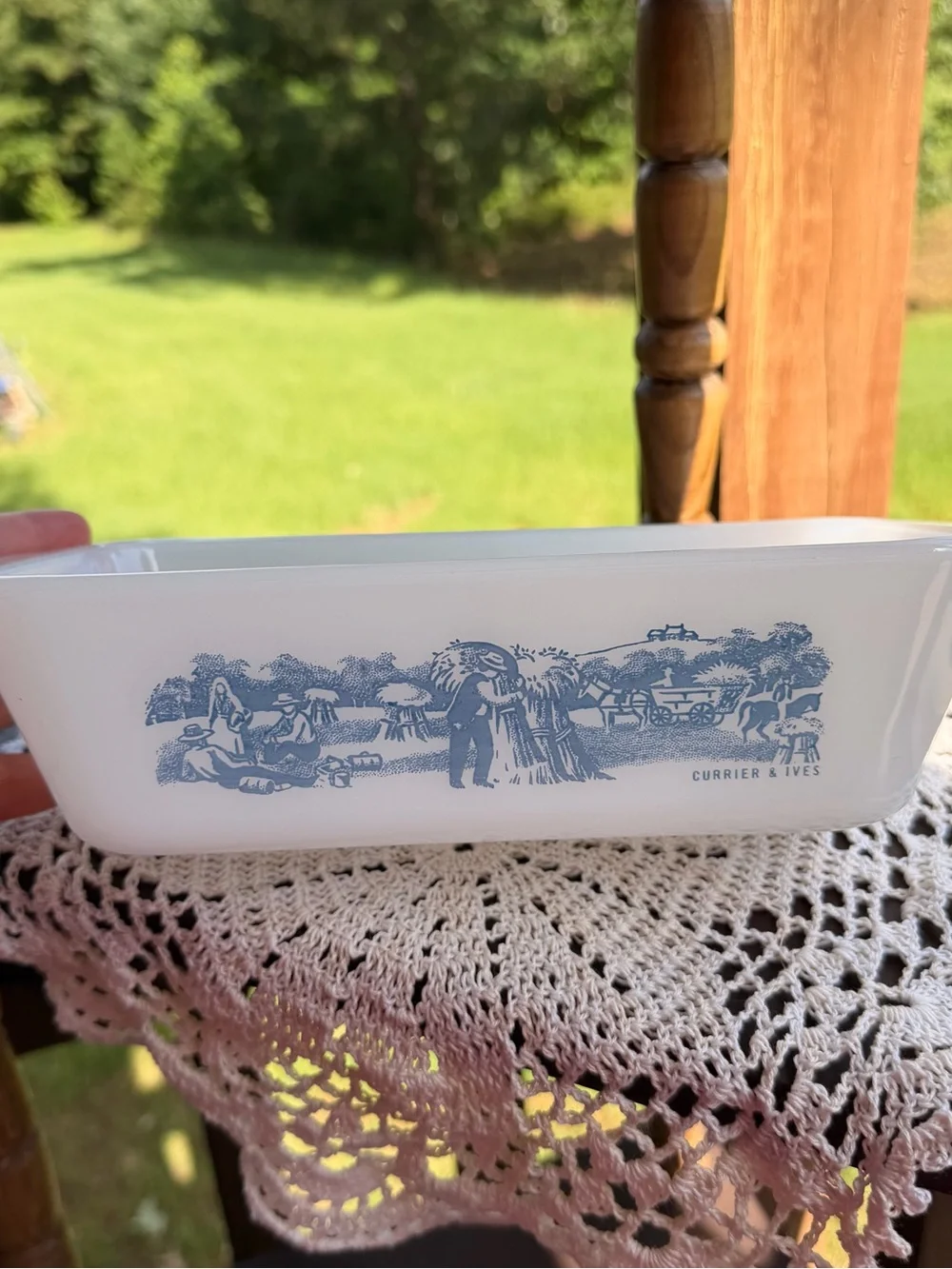Vintage Glasbake Currier & Ives Blue and White Glass Loaf Pan